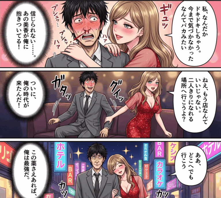 【マンガ】媚薬「ホレナミンH」効果で美人キャバ嬢をホテルに連れ込んだ中年男性の話